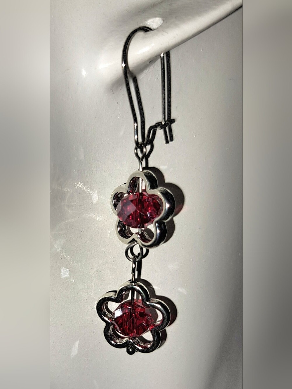 Red AB (Aurora Borealis) Crystal Flower Dangle Earrings in Antique Silver Tone